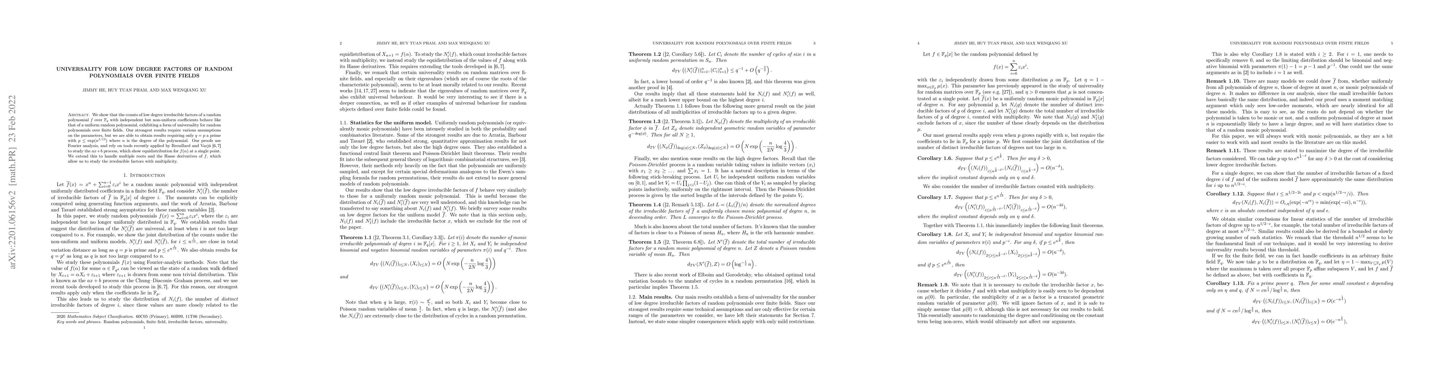 Thumbnail for Universality for low degree factors of random polynomials over finite
  fields