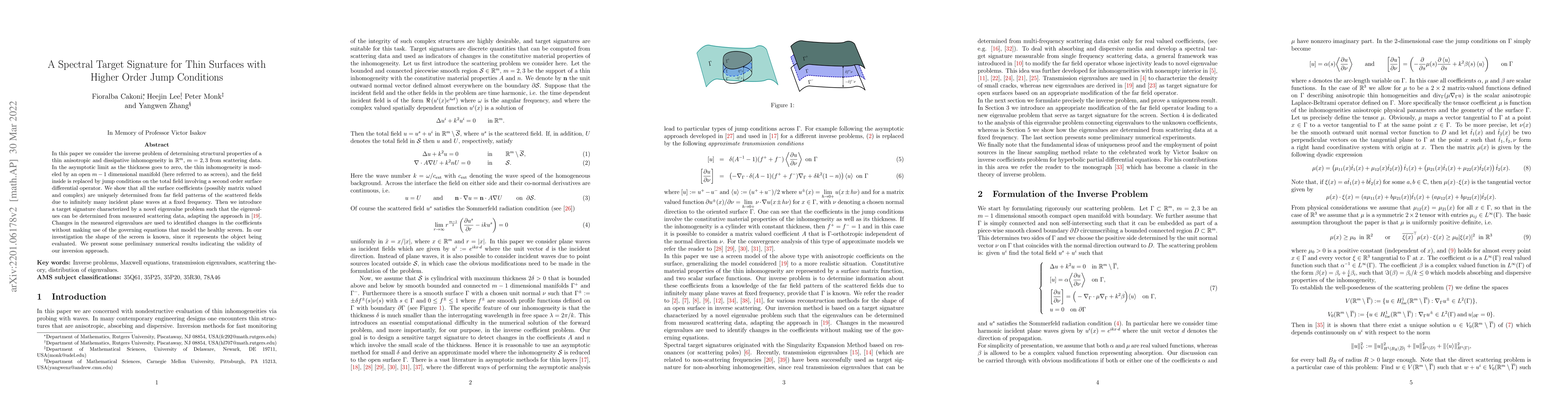 Thumbnail for A Spectral Target Signature for Thin Surfaces with Higher Order Jump
  Conditions