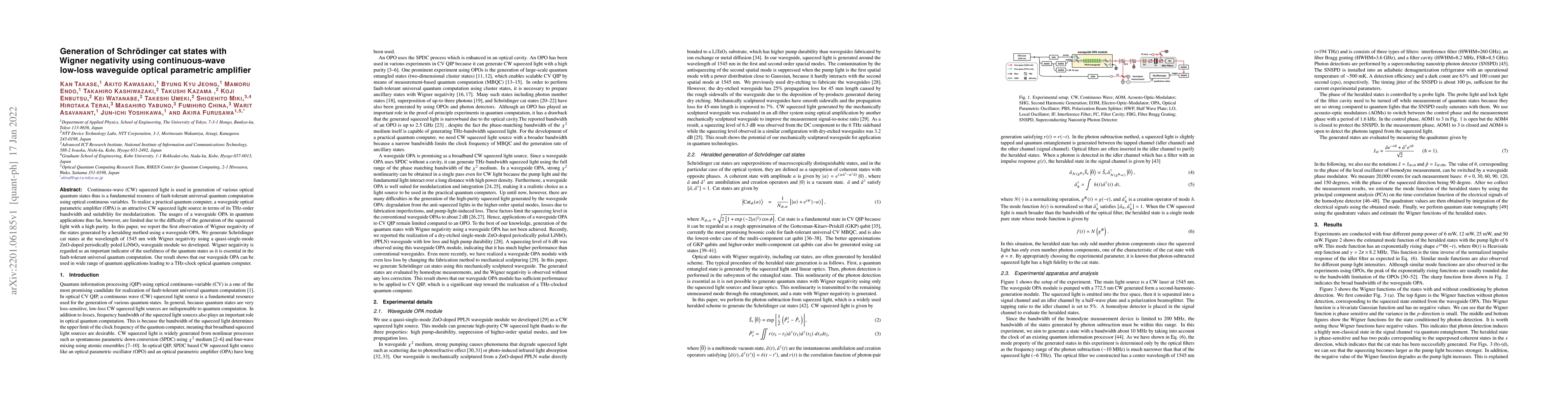 Thumbnail for Generation of Schr\"{o}dinger cat states with Wigner negativity using
  continuous-wave low-loss waveguide optical parametric amplifier