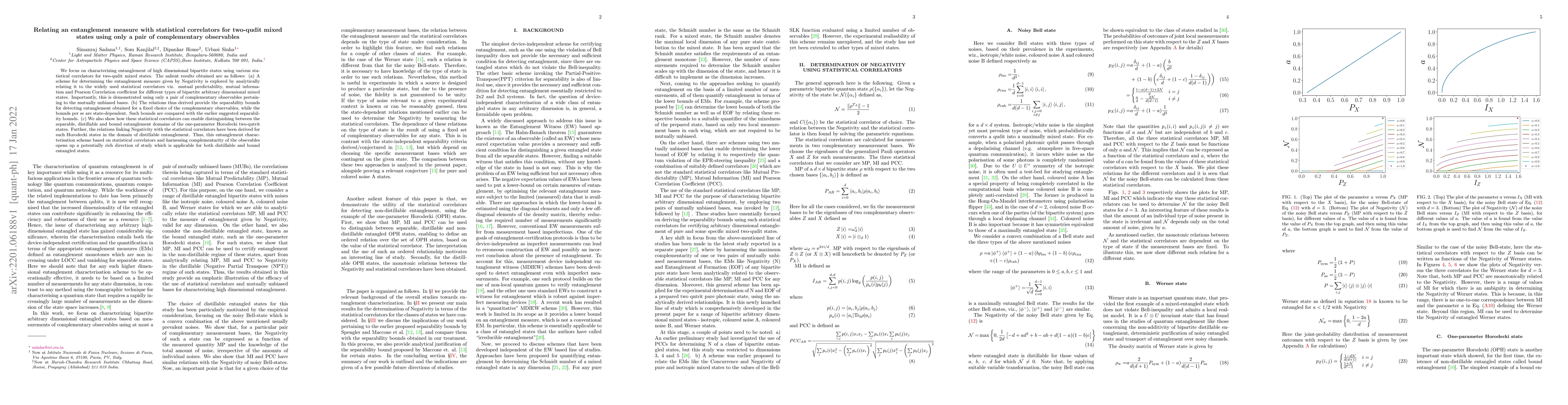 Thumbnail for Relating an entanglement measure with statistical correlators for
  two-qudit mixed states using only a pair of complementary observables