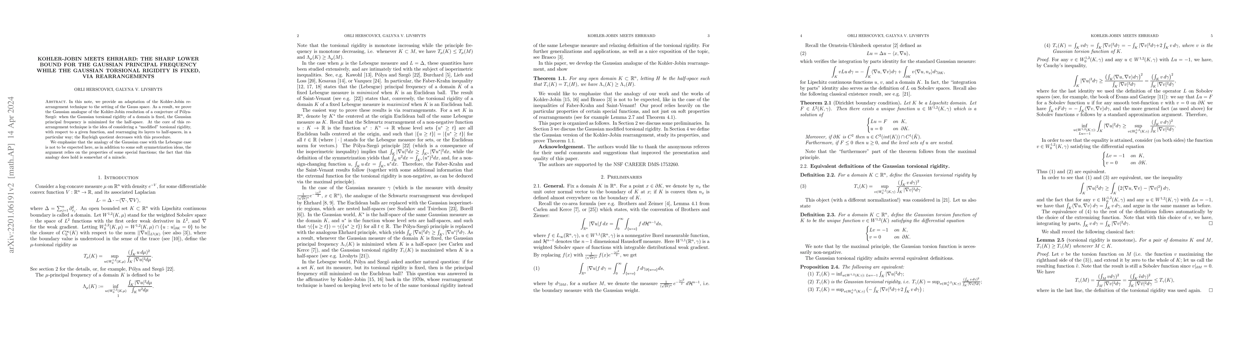 Thumbnail for Kohler-Jobin meets Ehrhard: the sharp lower bound for the Gaussian
  principal frequency while the Gaussian torsional rigidity is fixed, via
  rearrangements