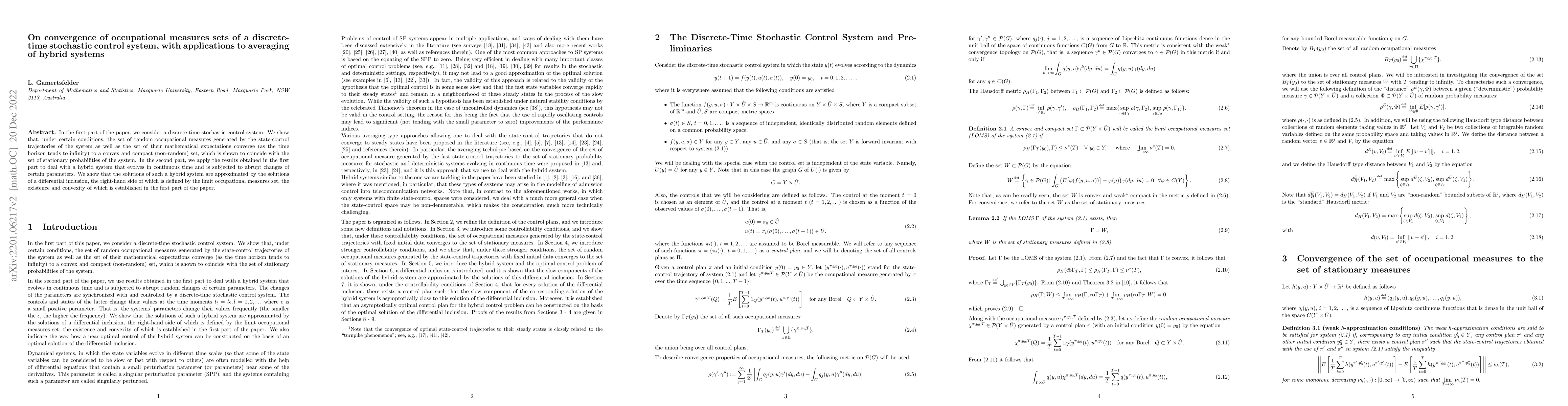 Thumbnail for On convergence of occupational measures sets of a discrete-time
  stochastic control system, with applications to averaging of hybrid systems