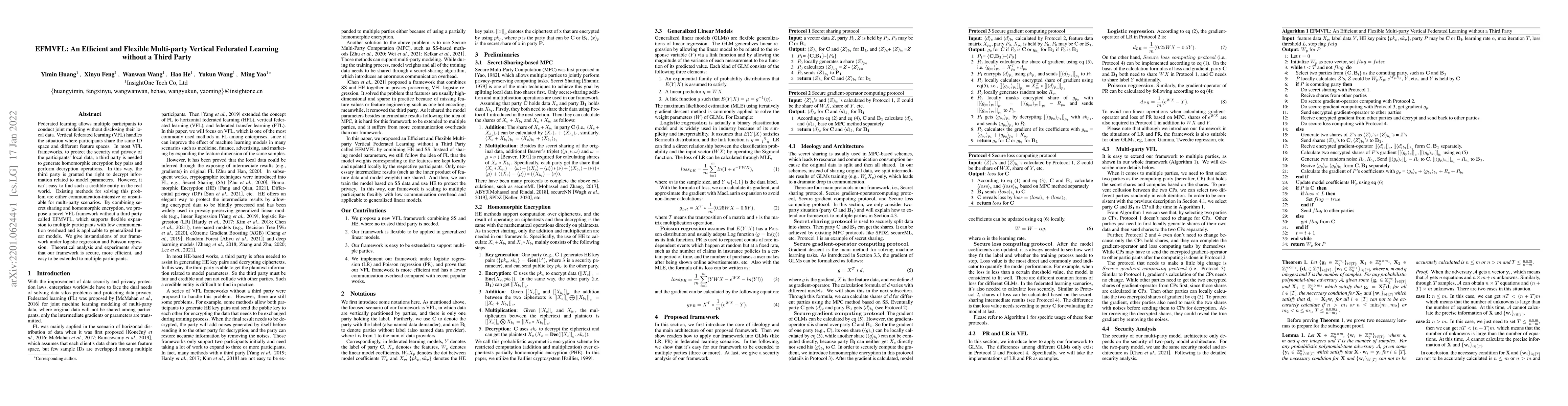 Thumbnail for EFMVFL: An Efficient and Flexible Multi-party Vertical Federated
  Learning without a Third Party