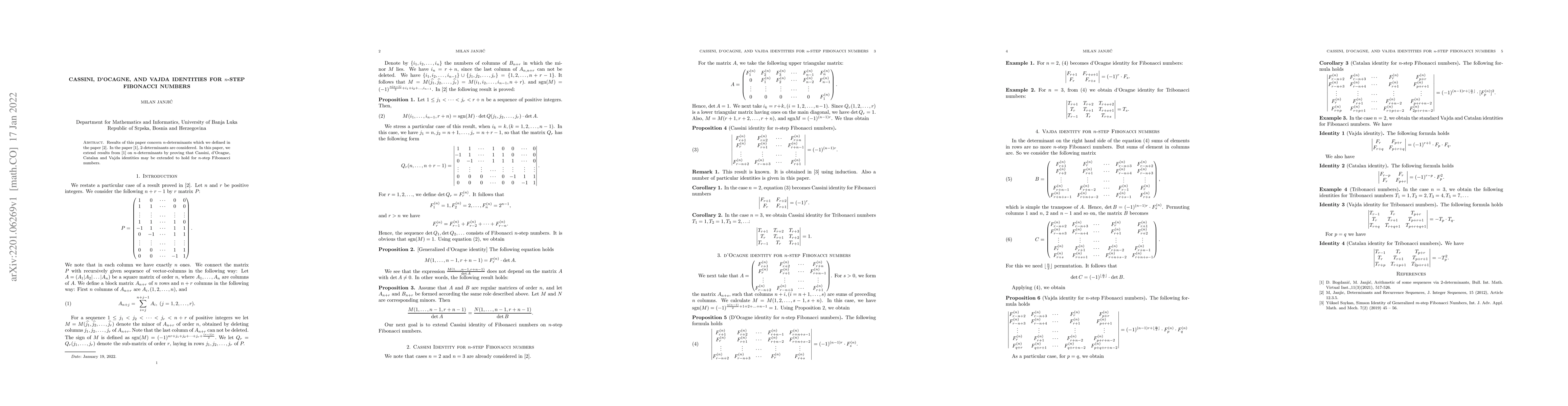 Thumbnail for Cassini, d'Ocagne, and Vajda identities for n-step Fibonacci numbers