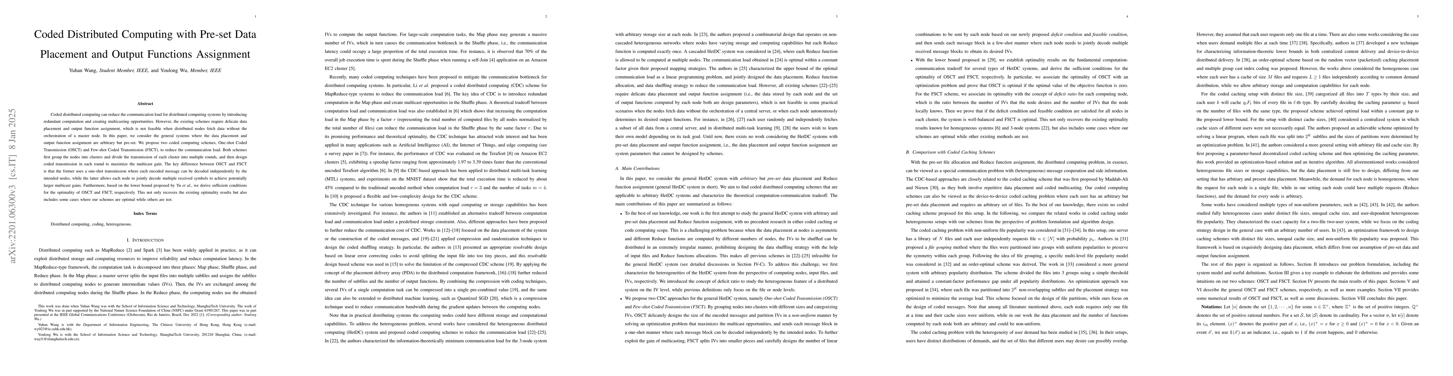 Thumbnail for Coded Distributed Computing with Pre-set Assignments of Data and Output
  Functions