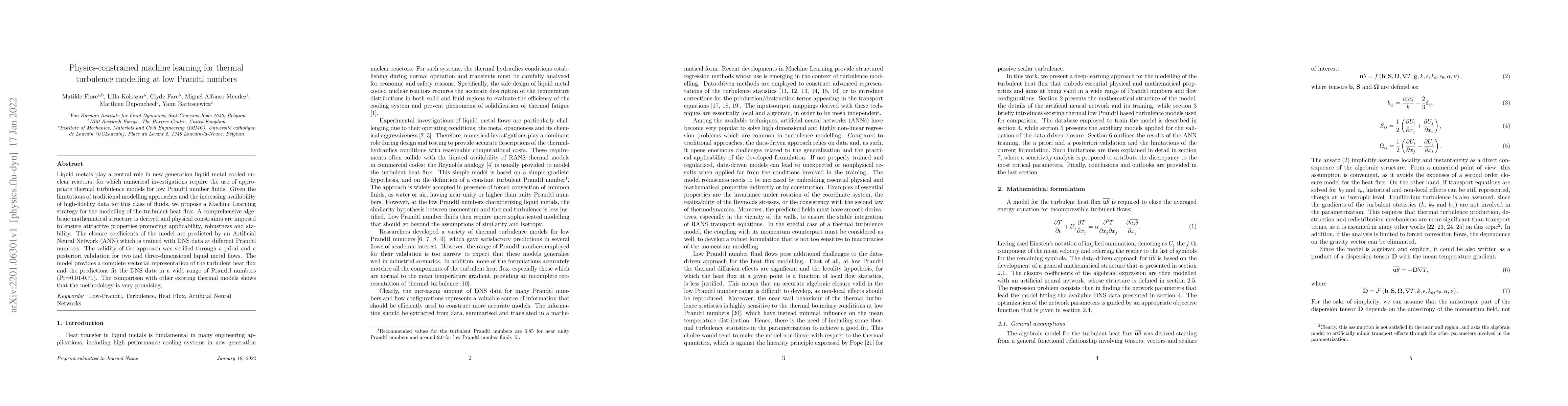 Thumbnail for Physics-constrained machine learning for thermal turbulence modelling at
  low Prandtl numbers