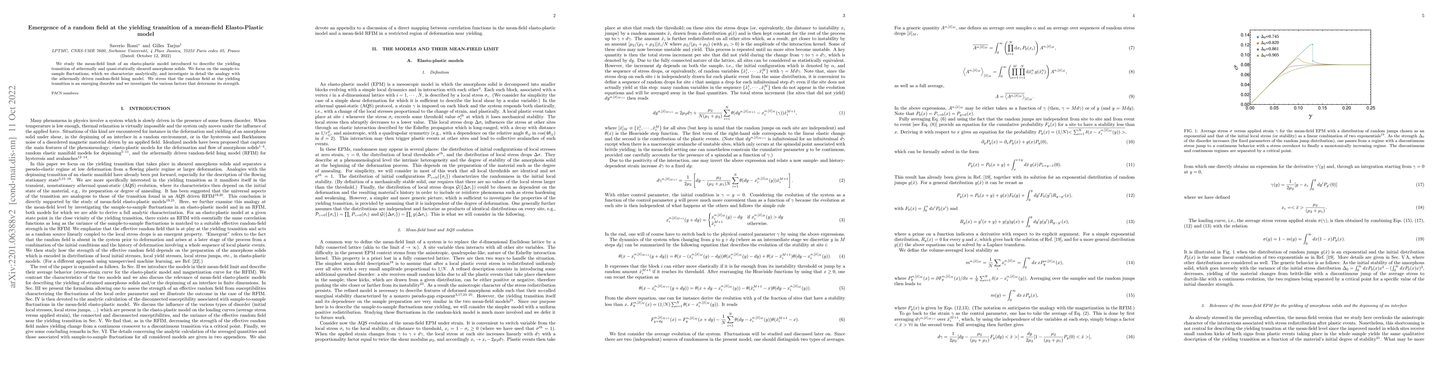 Thumbnail for Emergence of a random field at the yielding transition of a mean-field
  Elasto-Plastic model