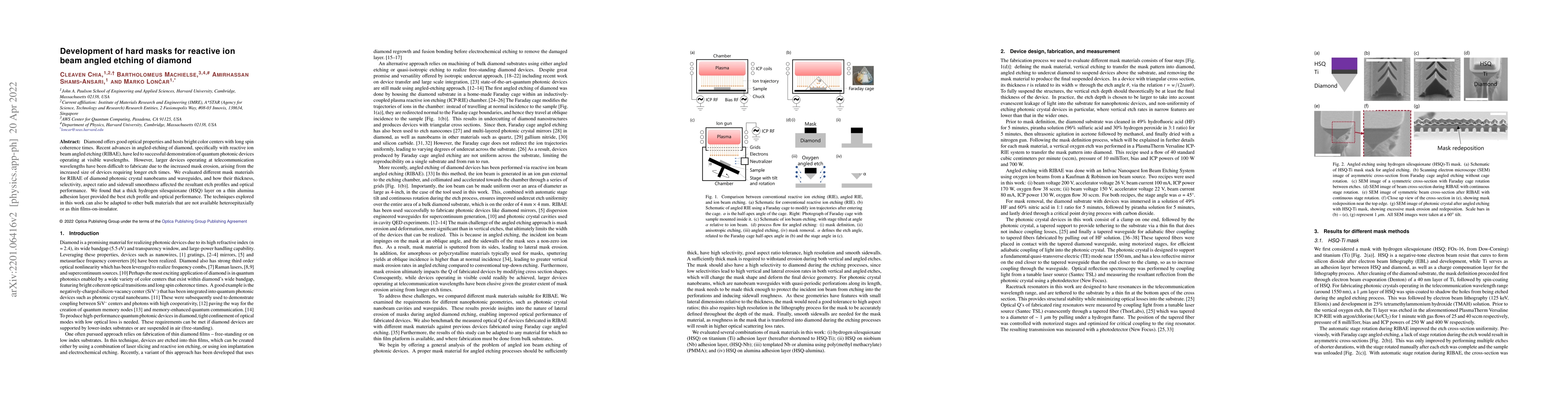 Thumbnail for Development of hard masks for reactive ion beam angled etching of
  diamond
