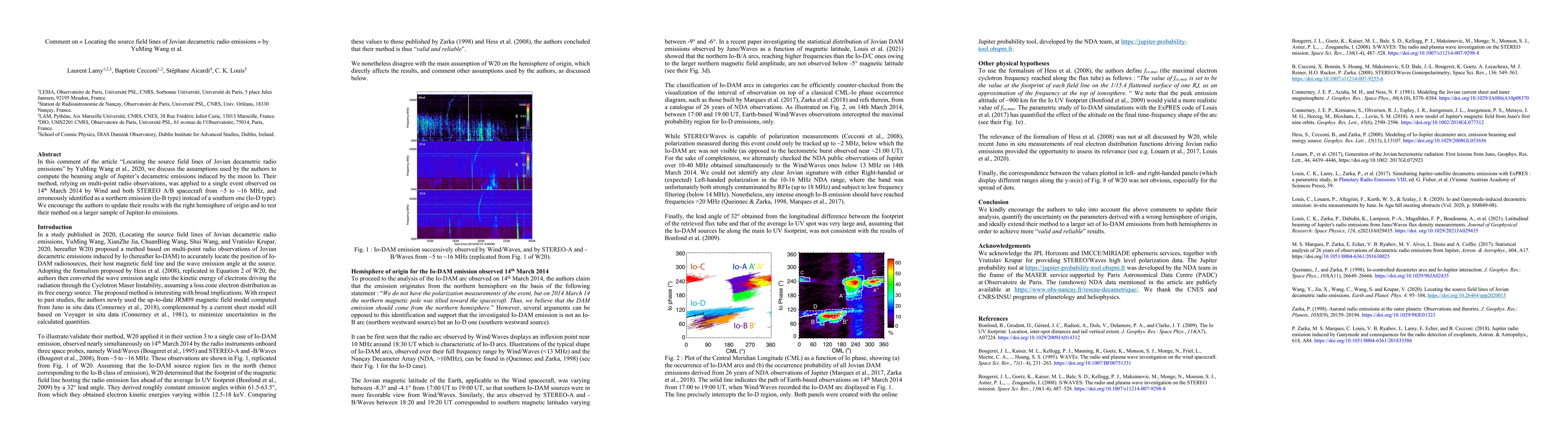 Thumbnail for Comment on "Locating the source field lines of Jovian decametric radio
  emissions" by YuMing Wang et al