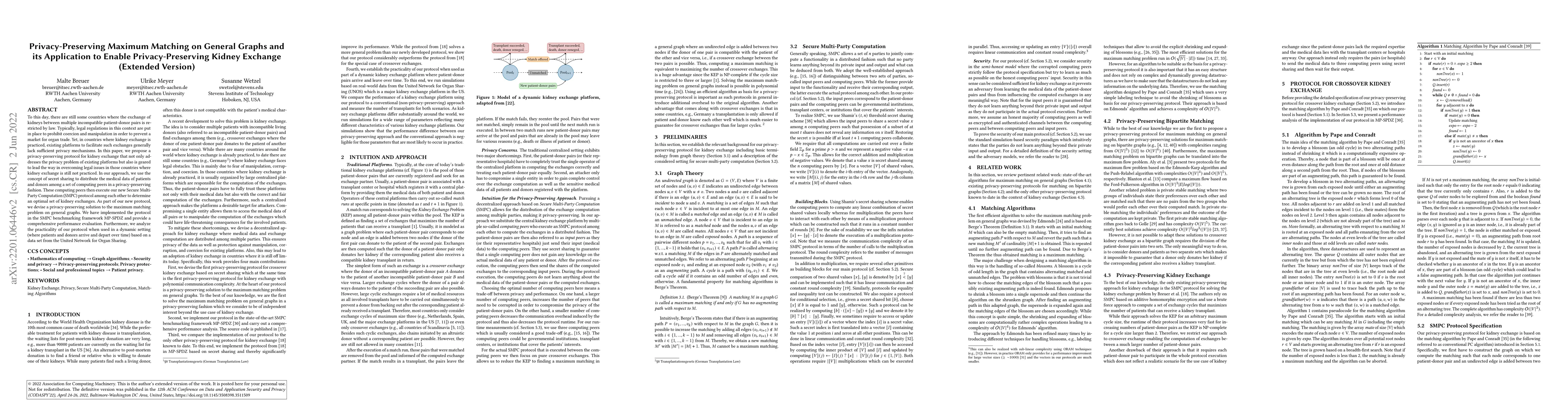 Thumbnail for Privacy-Preserving Maximum Matching on General Graphs and its
  Application to Enable Privacy-Preserving Kidney Exchange