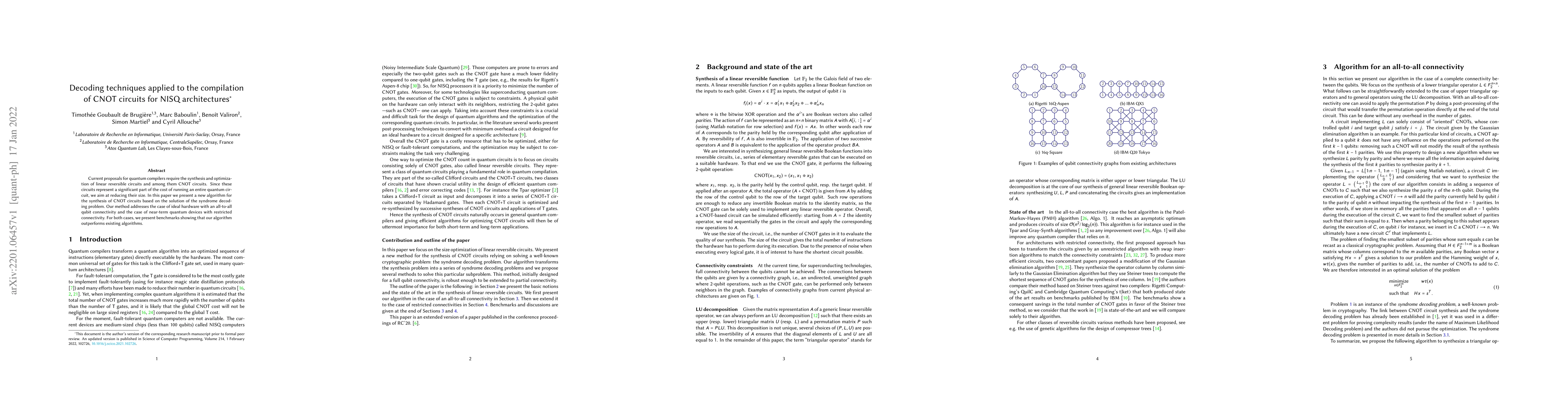 Thumbnail for Decoding techniques applied to the compilation of CNOT circuits for NISQ
  architectures