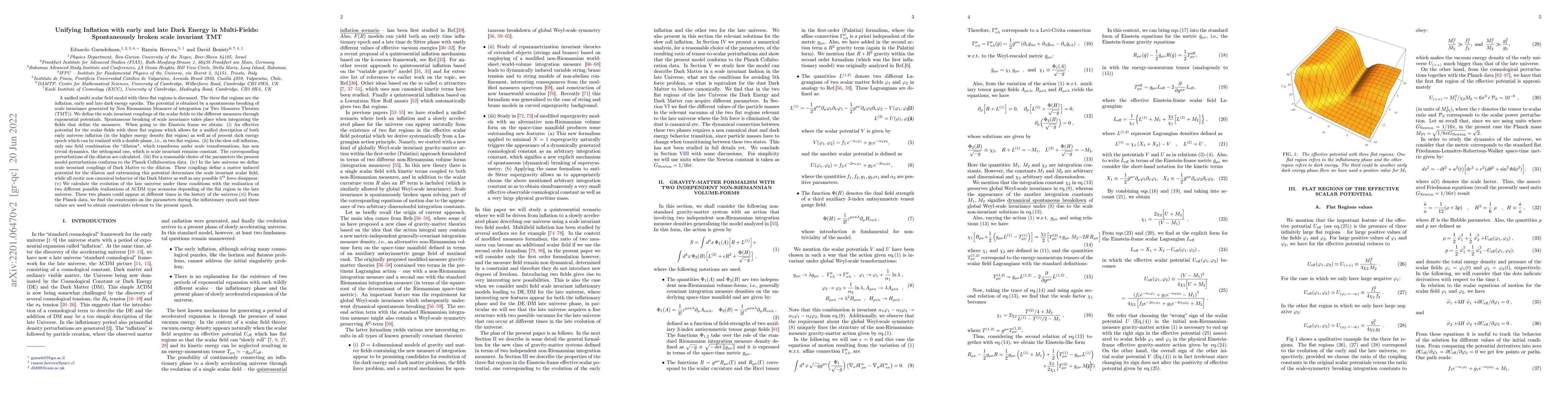 Thumbnail for Unifying Inflation with early and late Dark Energy in Multi-Fields:
  Spontaneously broken scale invariant TMT