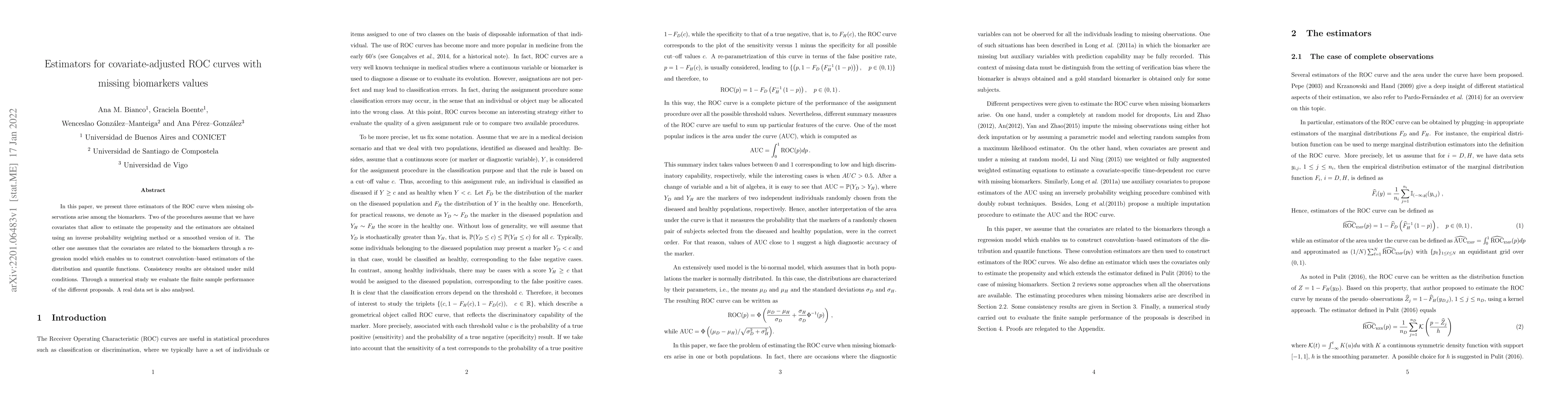 Thumbnail for Estimators for covariate-adjusted ROC curves with missing biomarkers
  values
