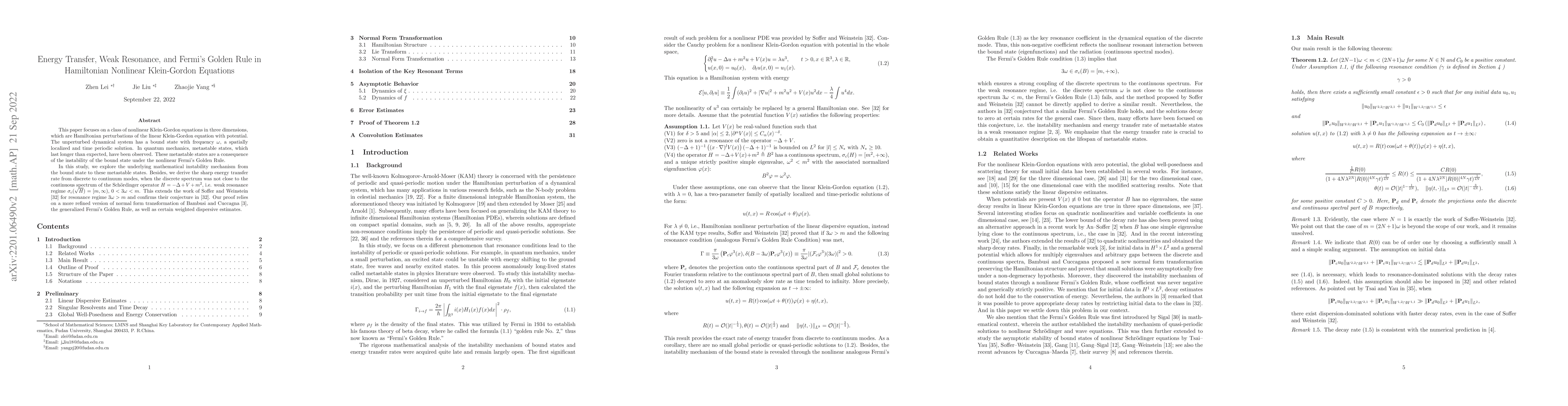 Thumbnail for Energy transfer, weak resonance, and Fermi's golden rule in Hamiltonian
  nonlinear Klein-Gordon equations