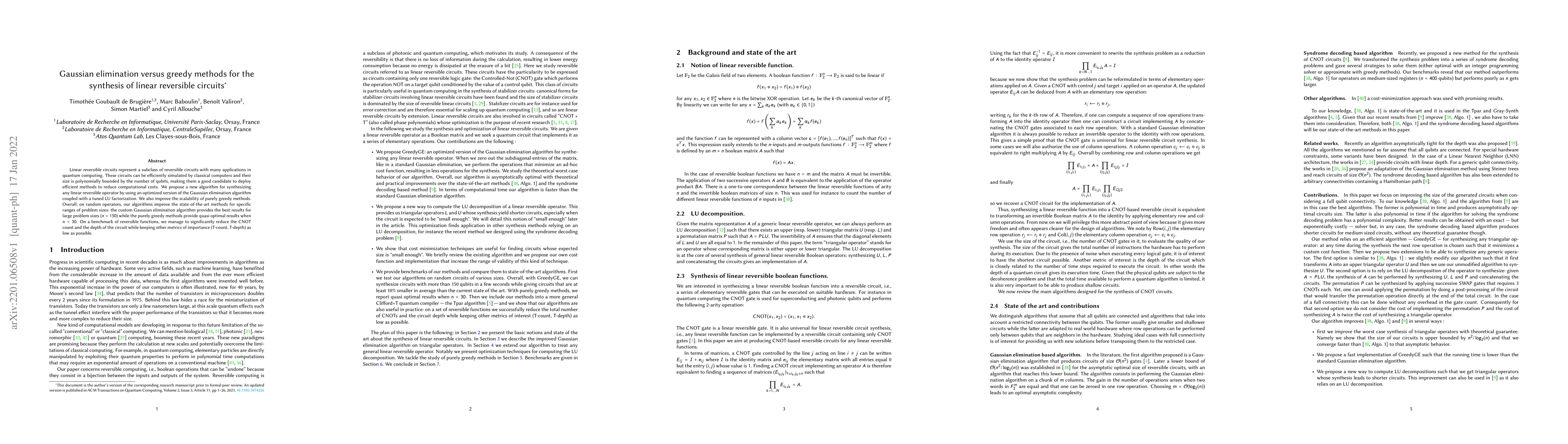 Thumbnail for Gaussian Elimination versus Greedy Methods for the Synthesis of Linear
  Reversible Circuits