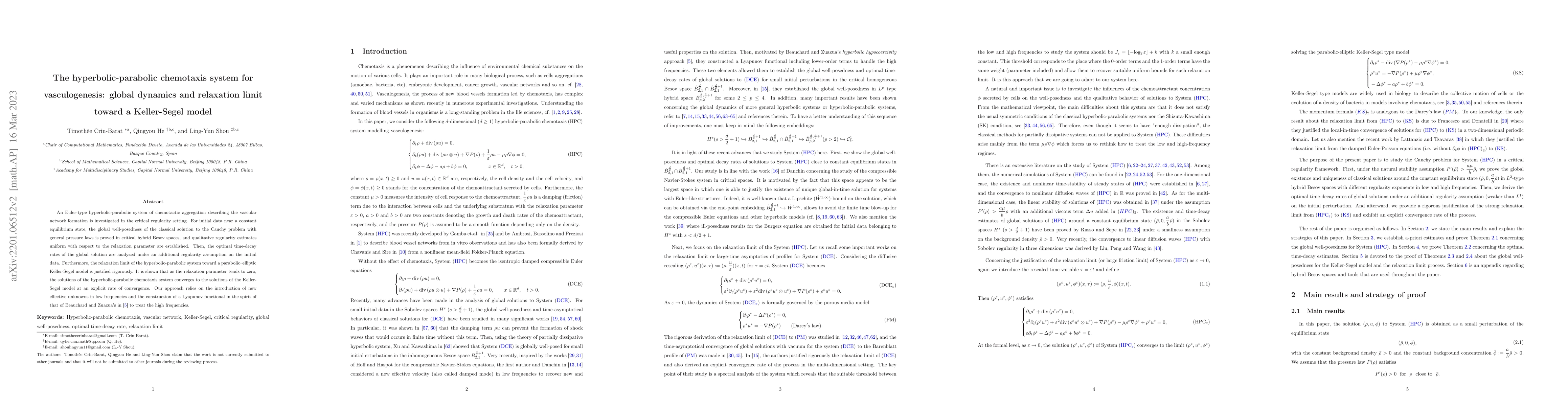 Thumbnail for The hyperbolic-parabolic chemotaxis system for vasculogenesis: global
  dynamics and relaxation limit toward a Keller-Segel model