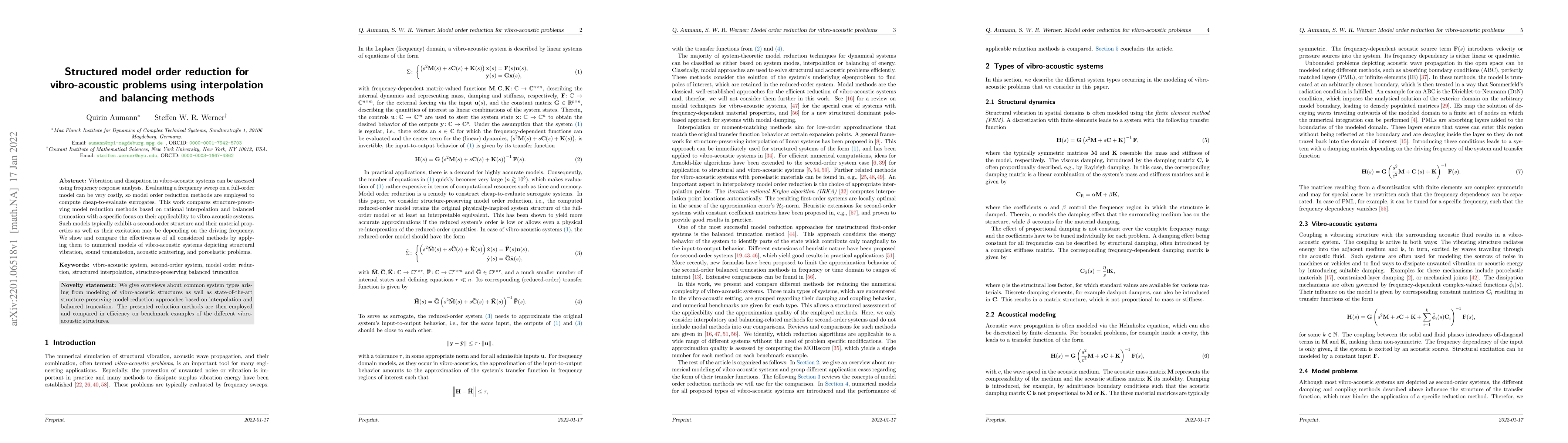 Thumbnail for Structured model order reduction for vibro-acoustic problems using
  interpolation and balancing methods
