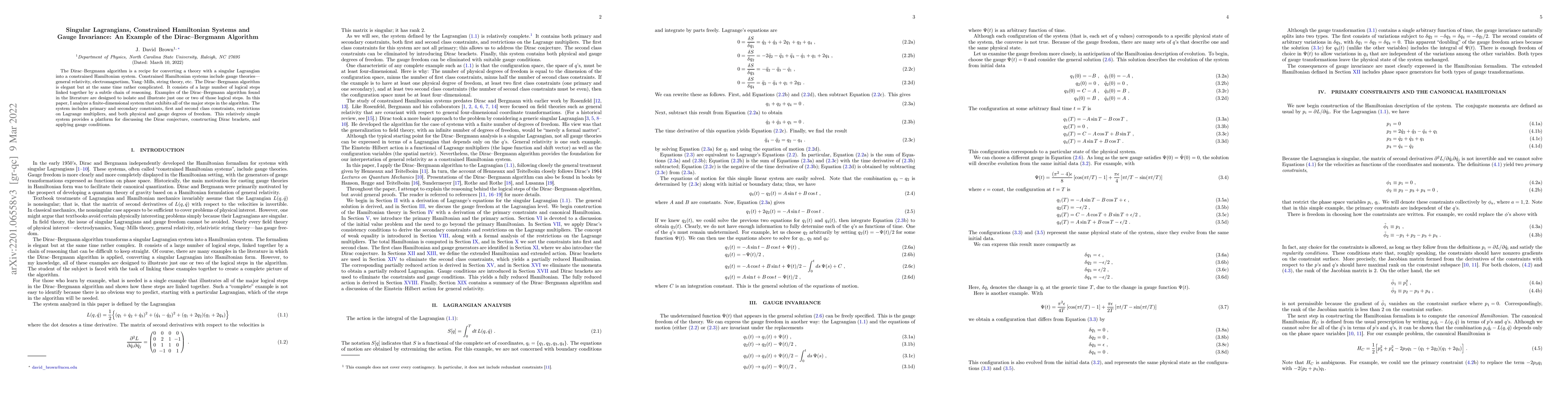 Thumbnail for Singular Lagrangians, Constrained Hamiltonian Systems and Gauge
  Invariance: An Example of the Dirac-Bergmann Algorithm