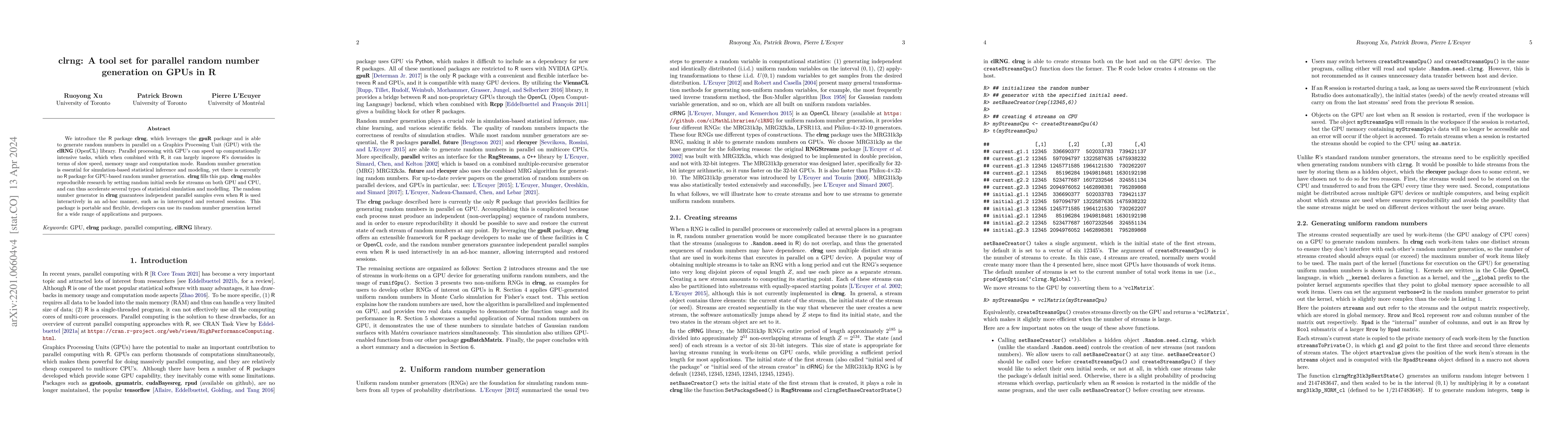 Thumbnail for clrng: A tool set for parallel random numbergeneration on GPUs in R