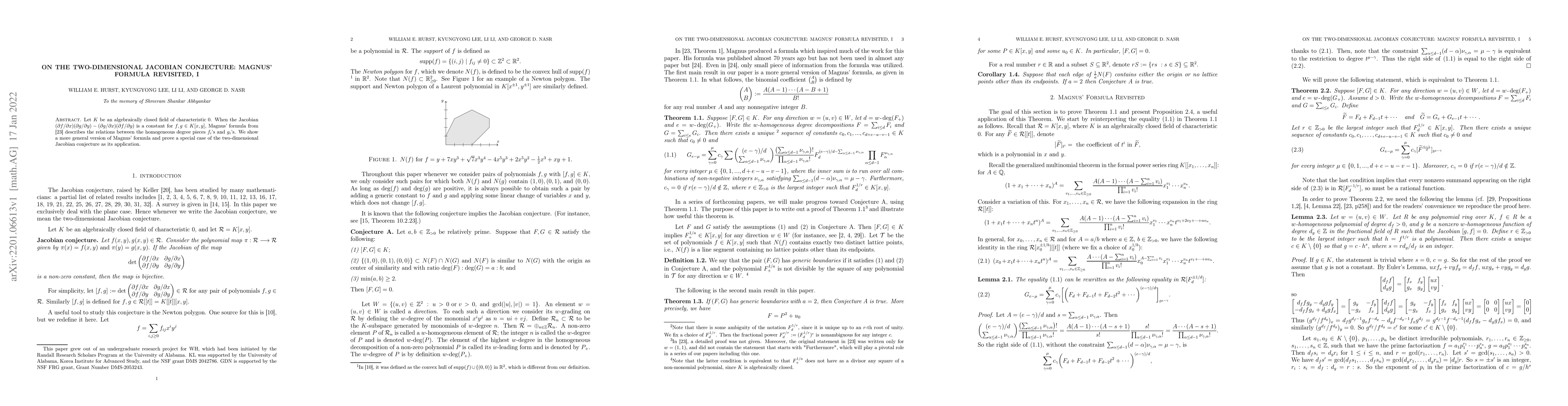 Thumbnail for On the two-dimensional Jacobian conjecture: Magnus' formula revisited, I