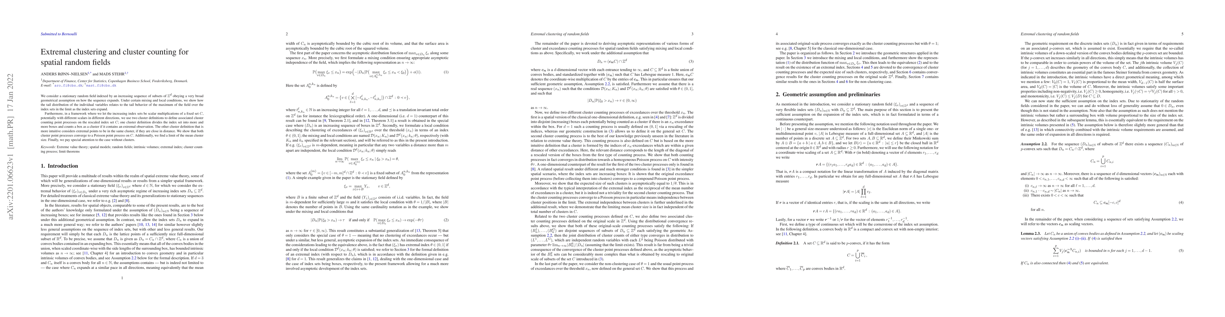 Thumbnail for Extremal clustering and cluster counting for spatial random fields