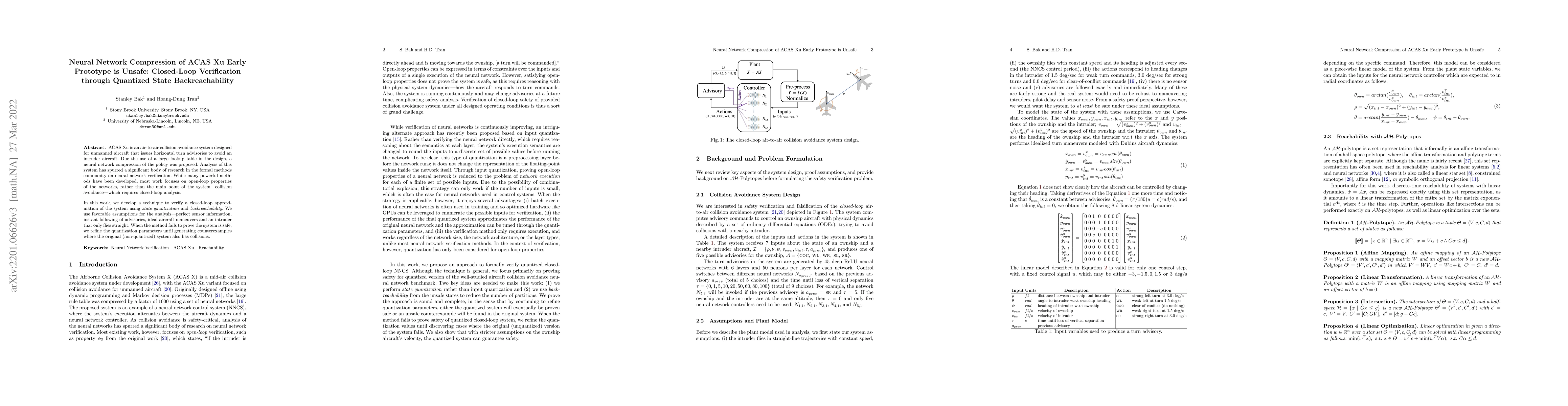 Thumbnail for Neural Network Compression of ACAS Xu Early Prototype is Unsafe:
  Closed-Loop Verification through Quantized State Backreachability