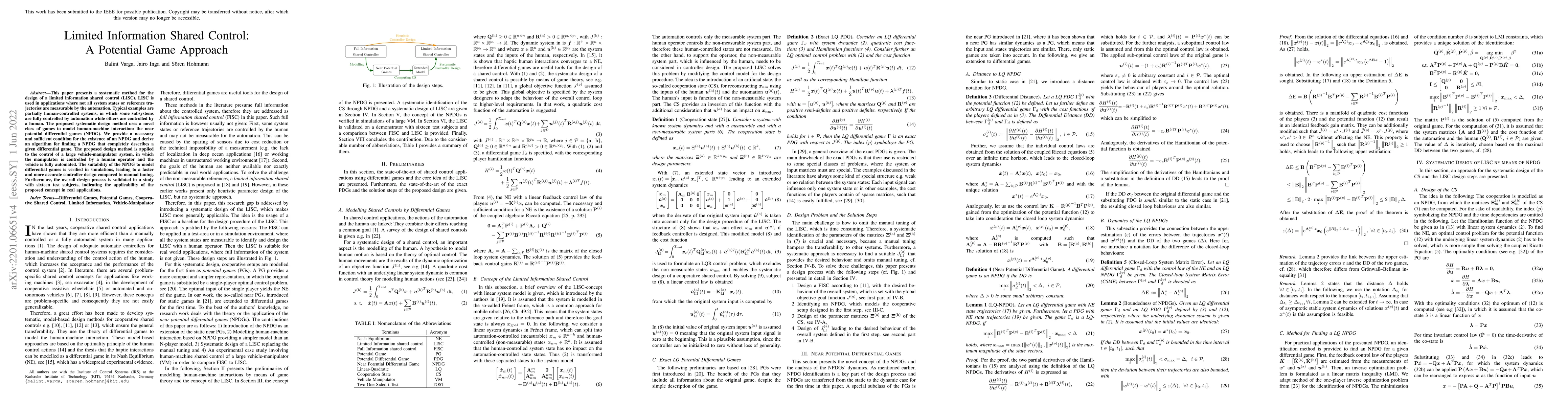 Thumbnail for Limited Information Shared Control: A Potential Game Approach