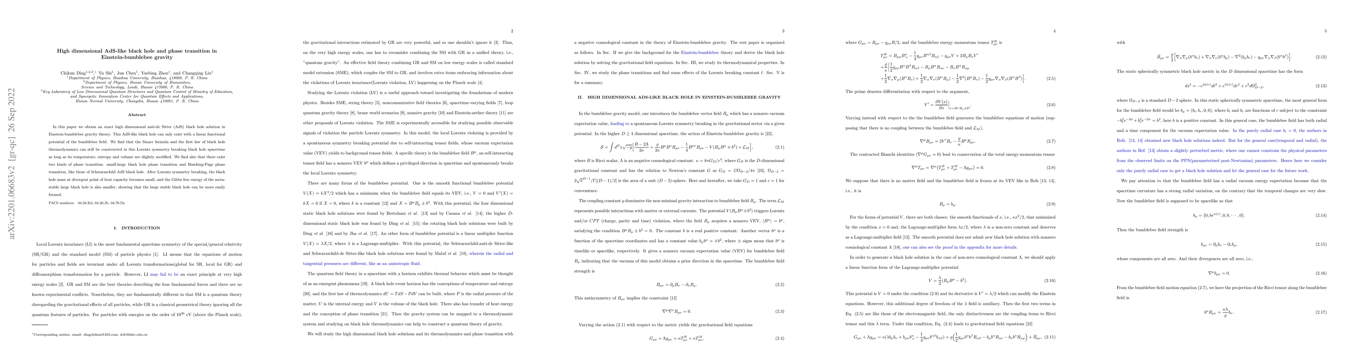 Thumbnail for High dimensional AdS-like black hole and Phase transition in
  Einstein-bumblebee gravity