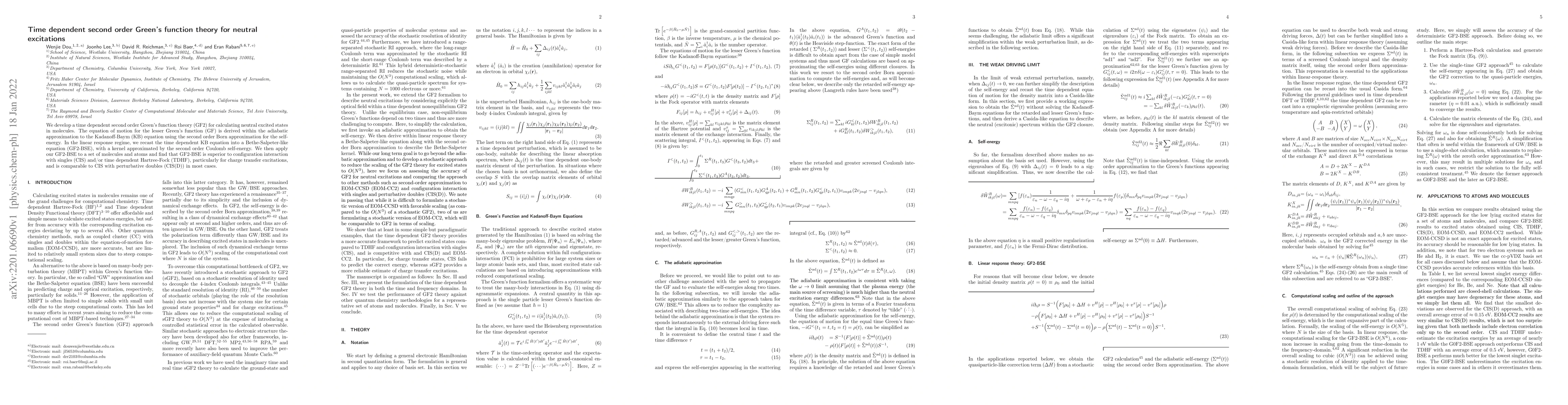 Thumbnail for Time dependent second order Green's function theory for neutral
  excitations