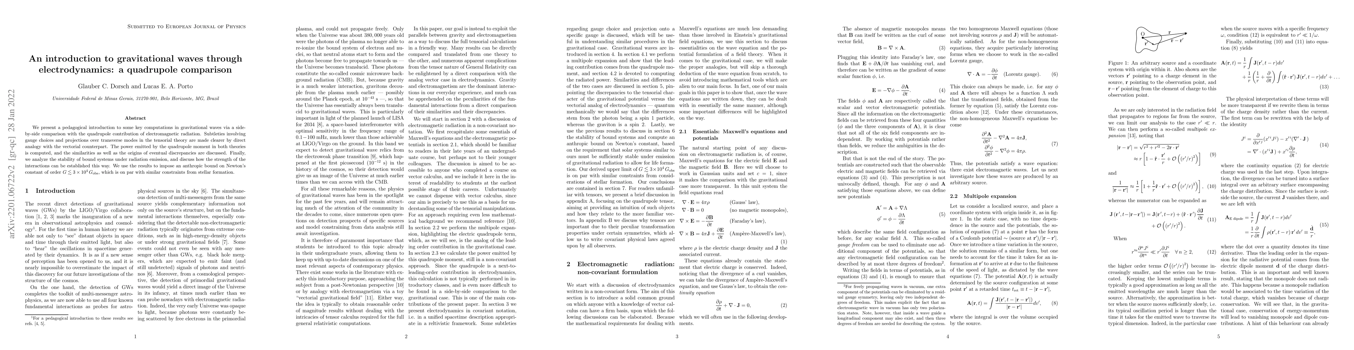 Thumbnail for An introduction to gravitational waves through electrodynamics: a
  quadrupole comparison