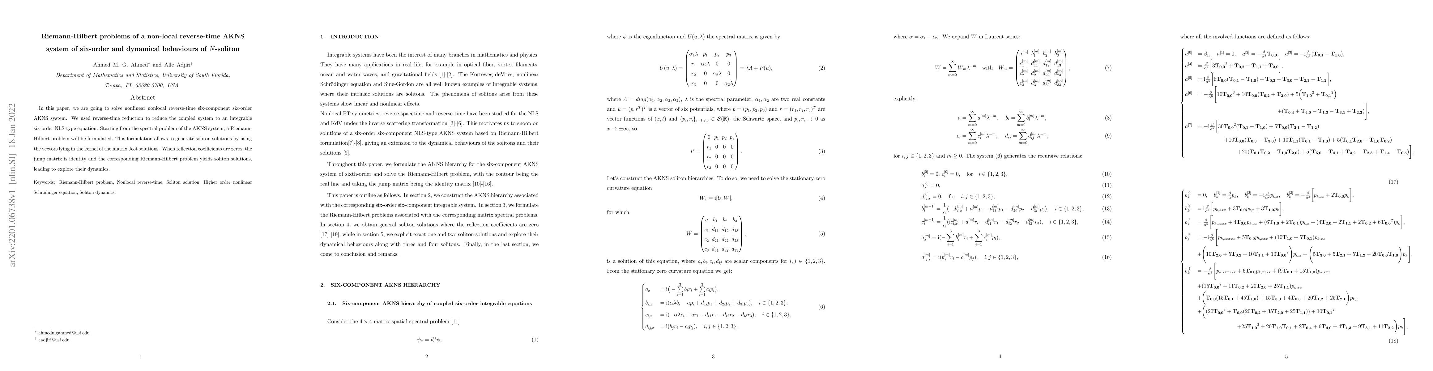 Thumbnail for Riemann-Hilbert problems of a non-local reverse-time AKNS system of
  six-order and dynamical behaviours of $N$-soliton