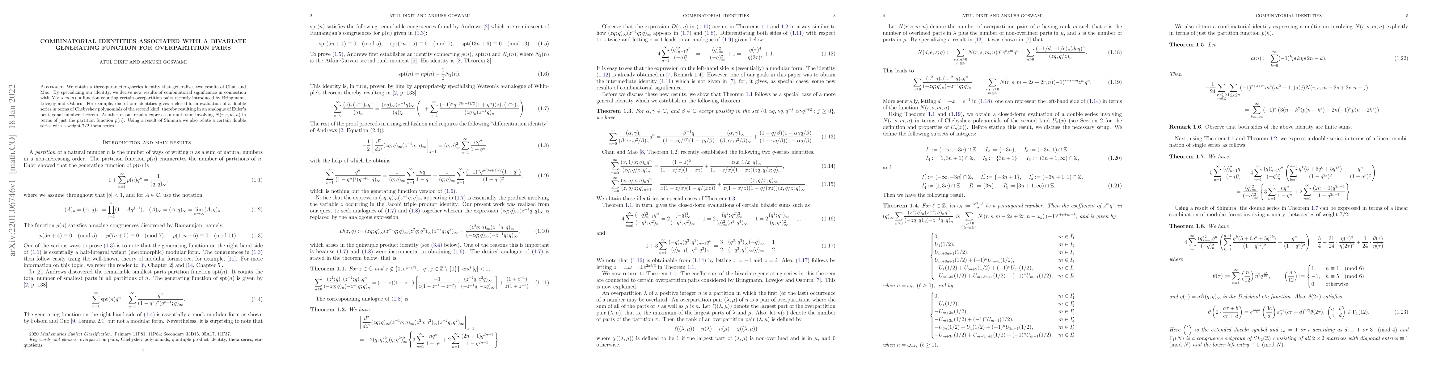 Thumbnail for Combinatorial identities associated with a bivariate generating function
  for overpartition pairs