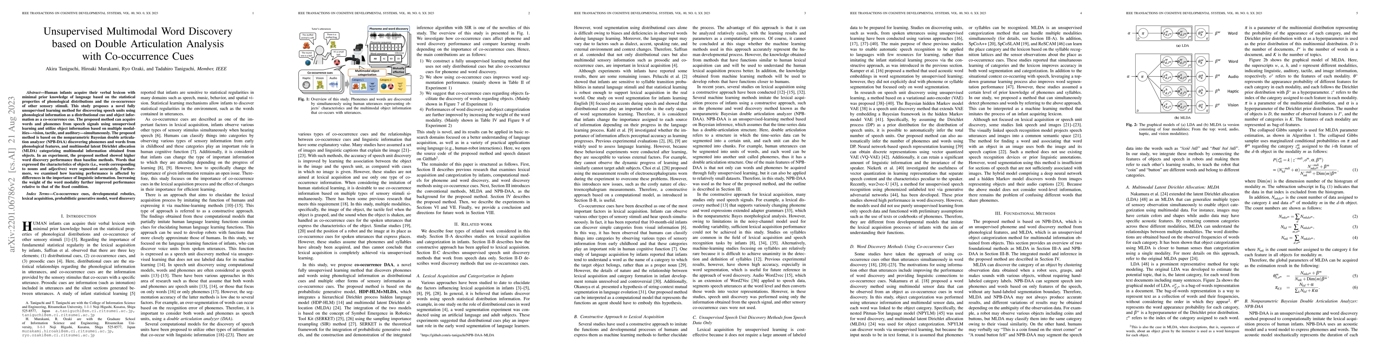 Thumbnail for Unsupervised Multimodal Word Discovery based on Double Articulation
  Analysis with Co-occurrence cues