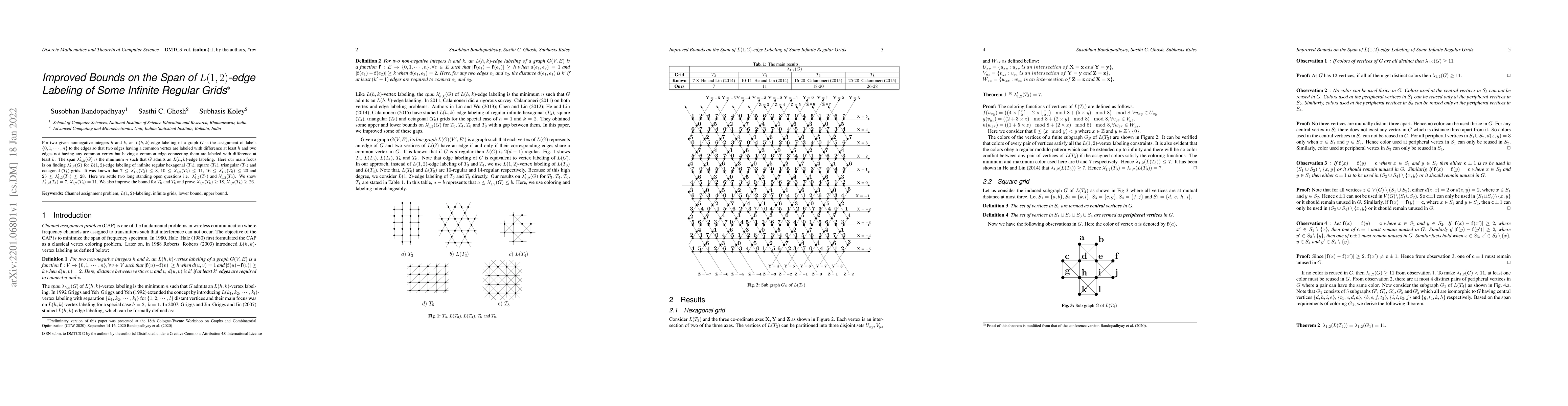 Thumbnail for Improved Bounds on the Span of $L(1,2)$-edge Labeling of Some Infinite
  Regular Grids