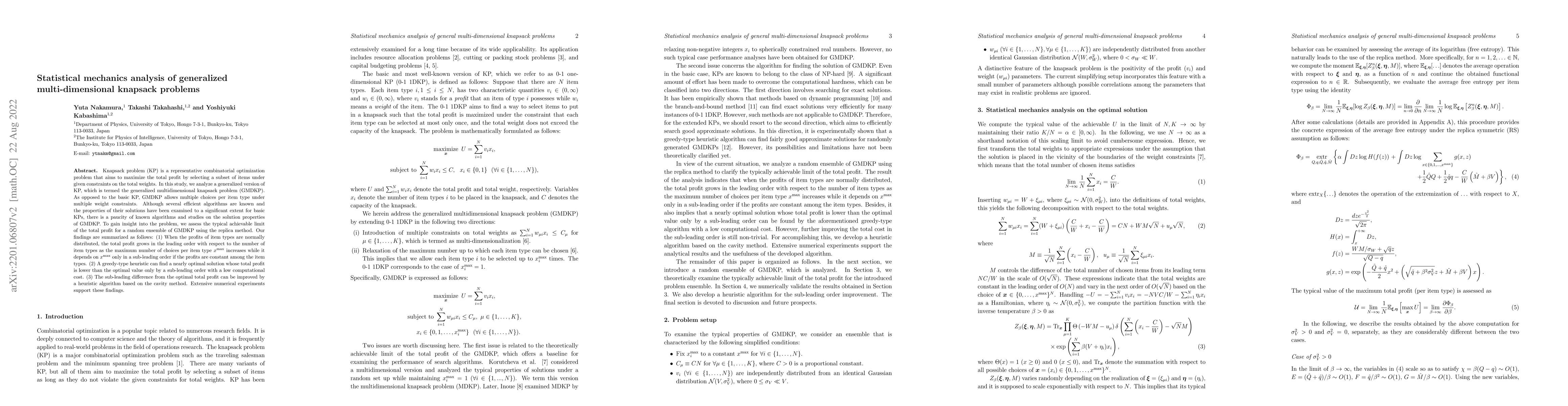 Thumbnail for Statistical mechanics analysis of general multi-dimensional knapsack
  problems