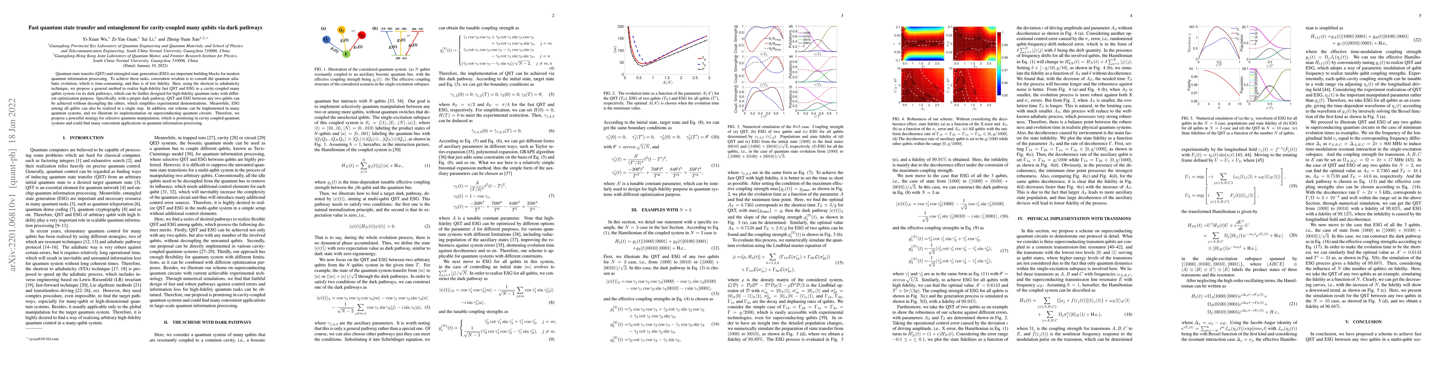Thumbnail for Fast quantum state transfer and entanglement for cavity-coupled many
  qubits via dark pathways