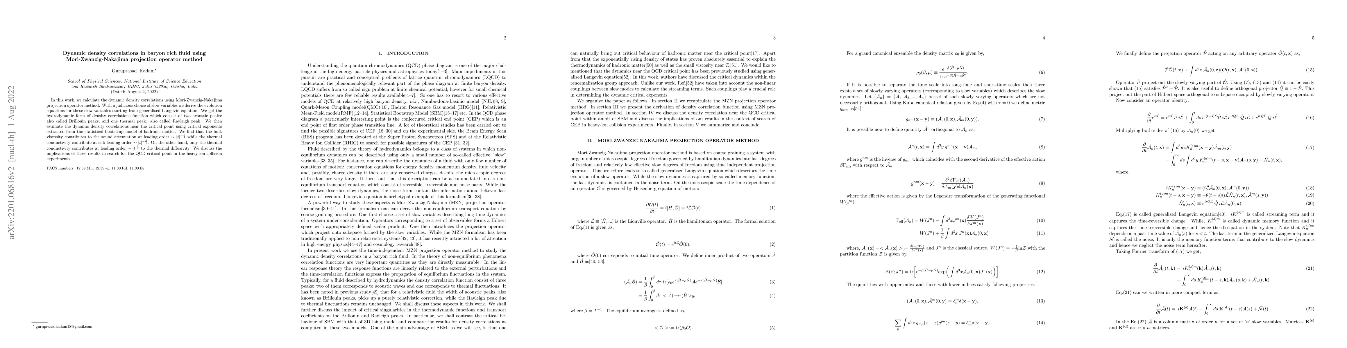 Thumbnail for Dynamic density correlations in a baryon rich fluid using
  Mori-Zwanzig-Nakjima projection operator method