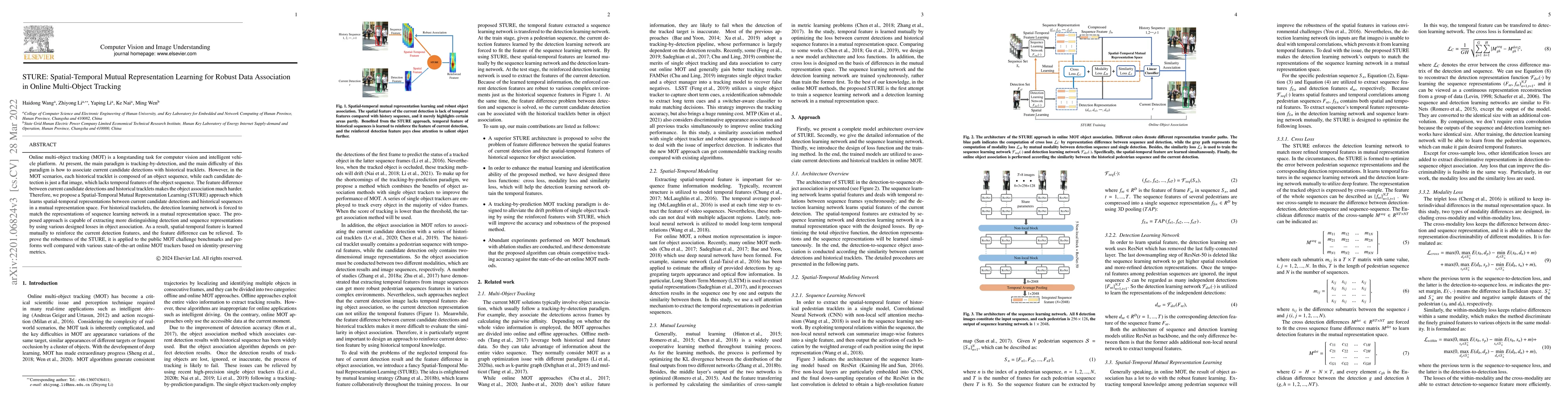 Thumbnail for STURE: Spatial-Temporal Mutual Representation Learning for Robust Data
  Association in Online Multi-Object Tracking