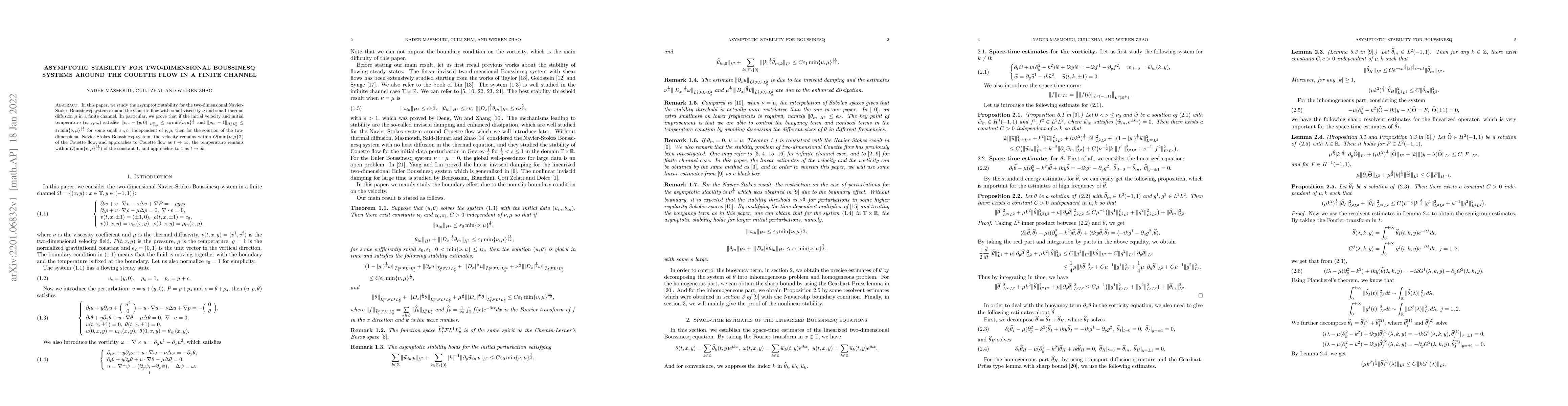 Thumbnail for Asymptotic stability for two-dimensional Boussinesq systems around the
  Couette flow in a finite channel
