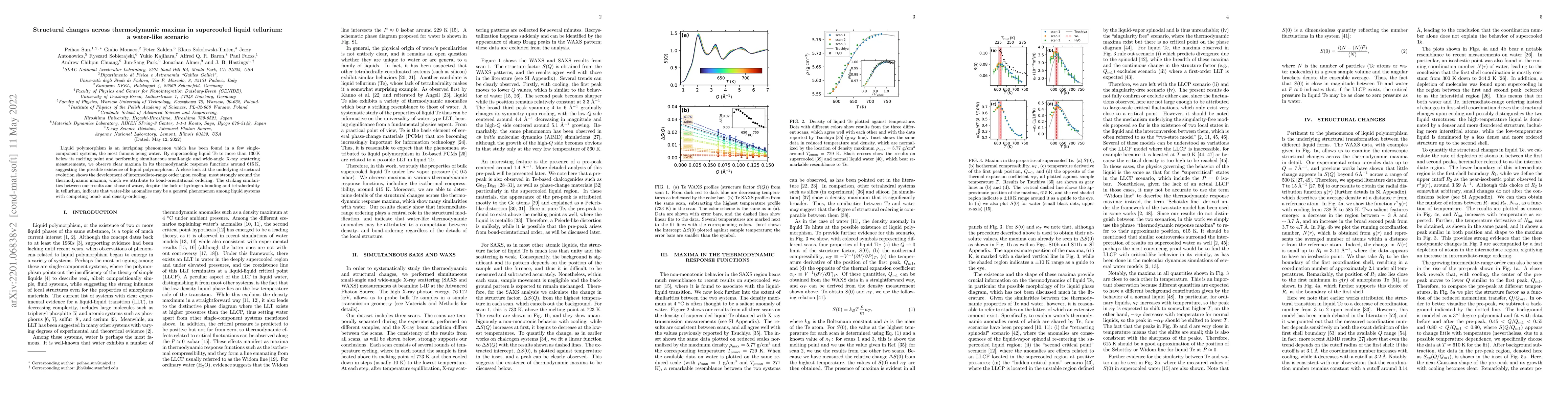 Thumbnail for Structural changes across thermodynamic maxima in supercooled liquid
  tellurium: a water-like scenario