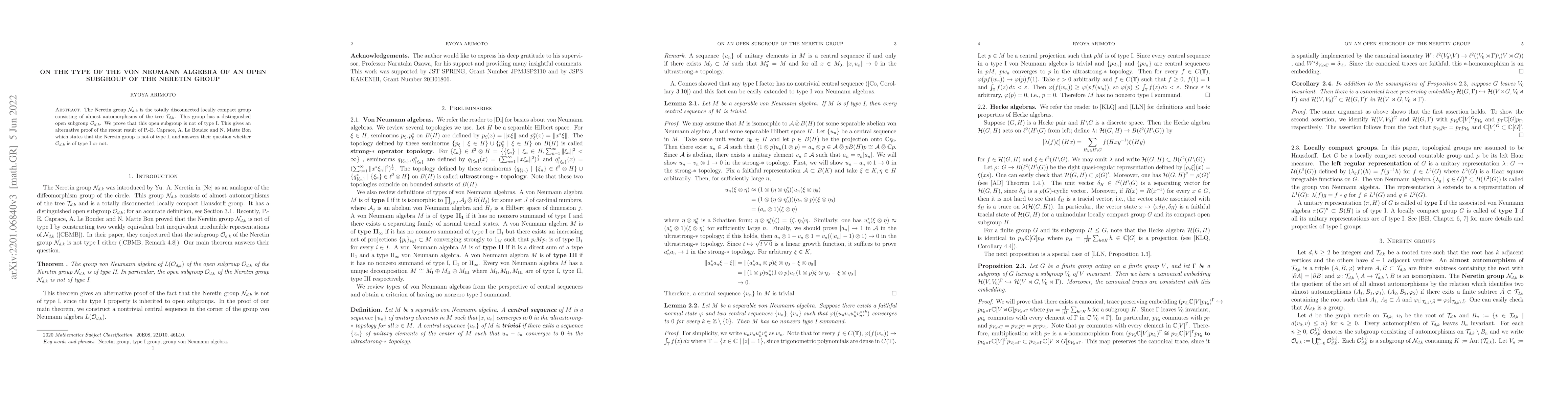 Thumbnail for On the type of the von Neumann algebra of an open subgroup of the
  Neretin group