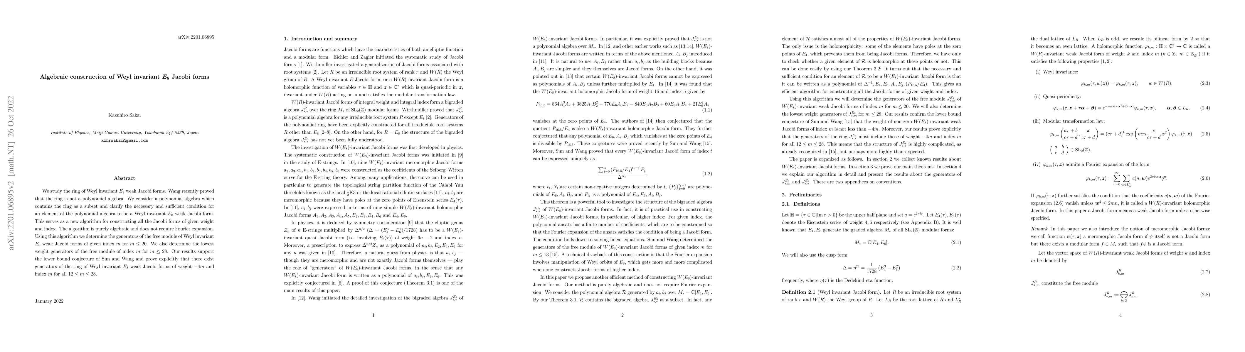 Thumbnail for Algebraic construction of Weyl invariant $E_8$ Jacobi forms