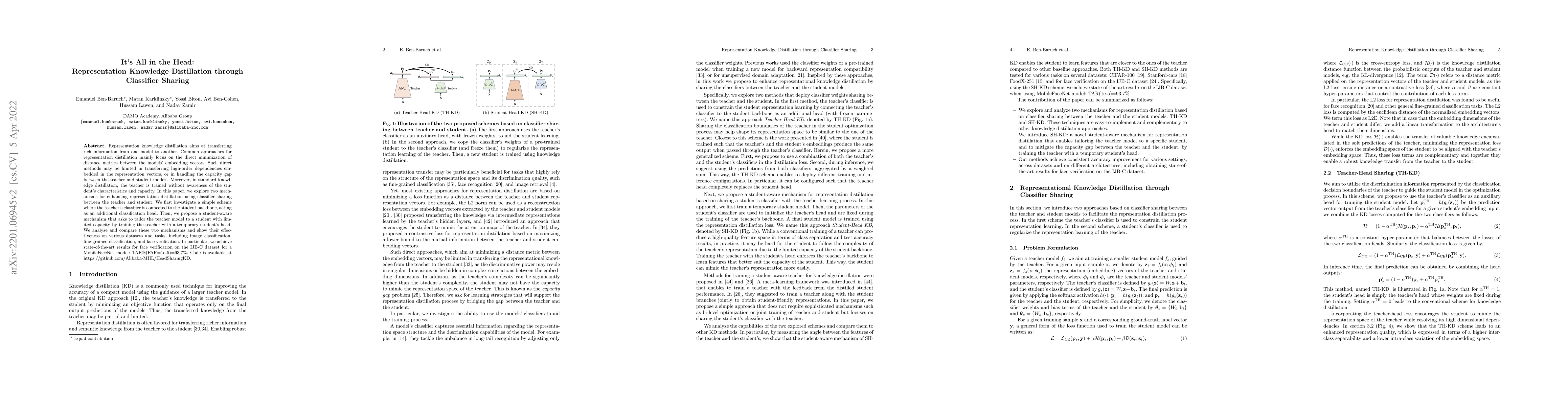 Thumbnail for It's All in the Head: Representation Knowledge Distillation through
  Classifier Sharing