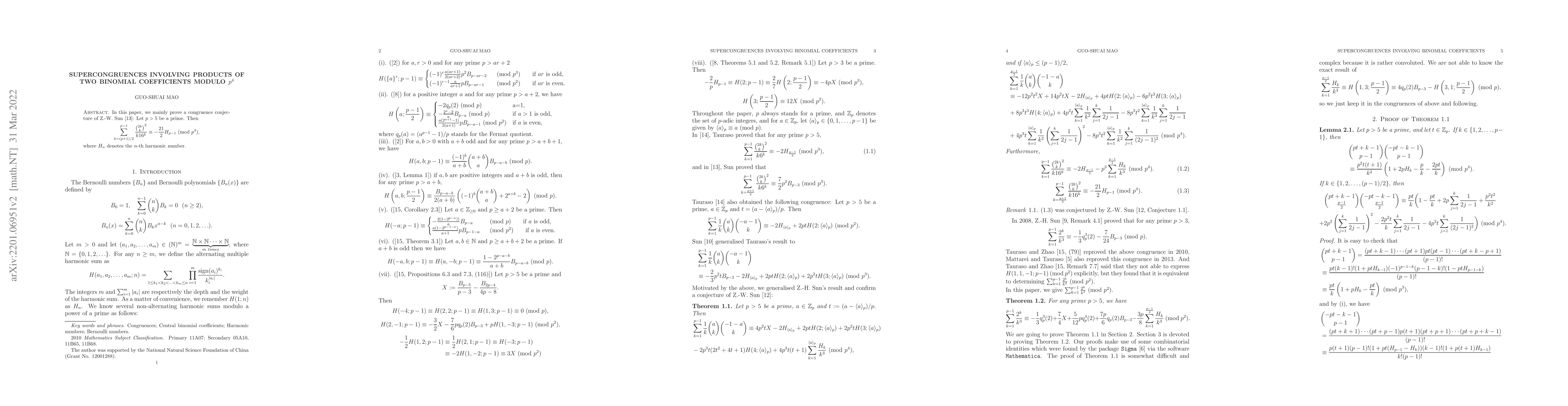 Thumbnail for Supercongruences involving products of two binomial coefficients modulo
  $p^4$