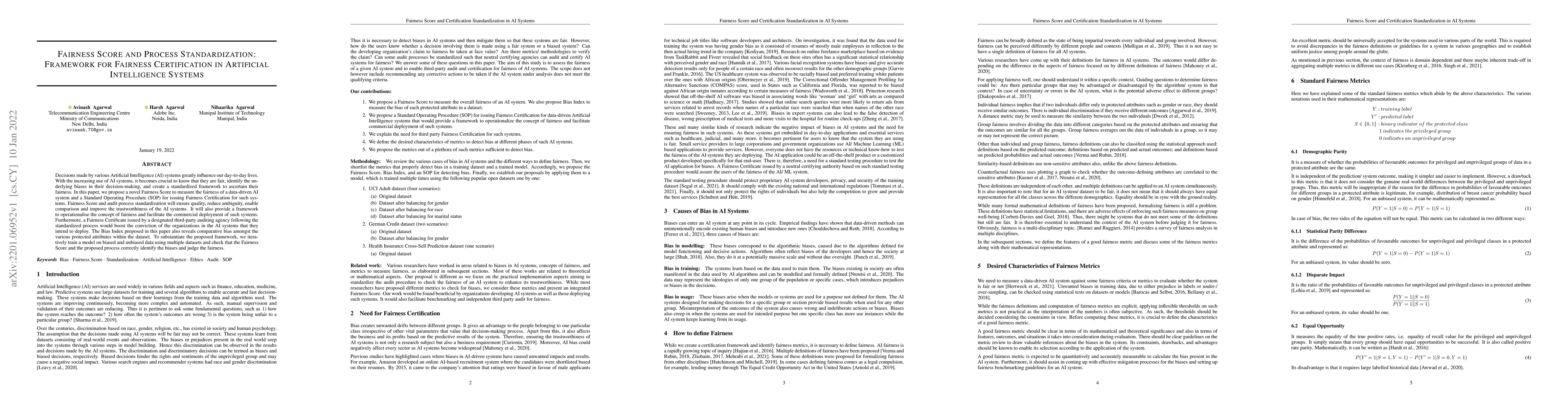 Thumbnail for Fairness Score and Process Standardization: Framework for Fairness
  Certification in Artificial Intelligence Systems