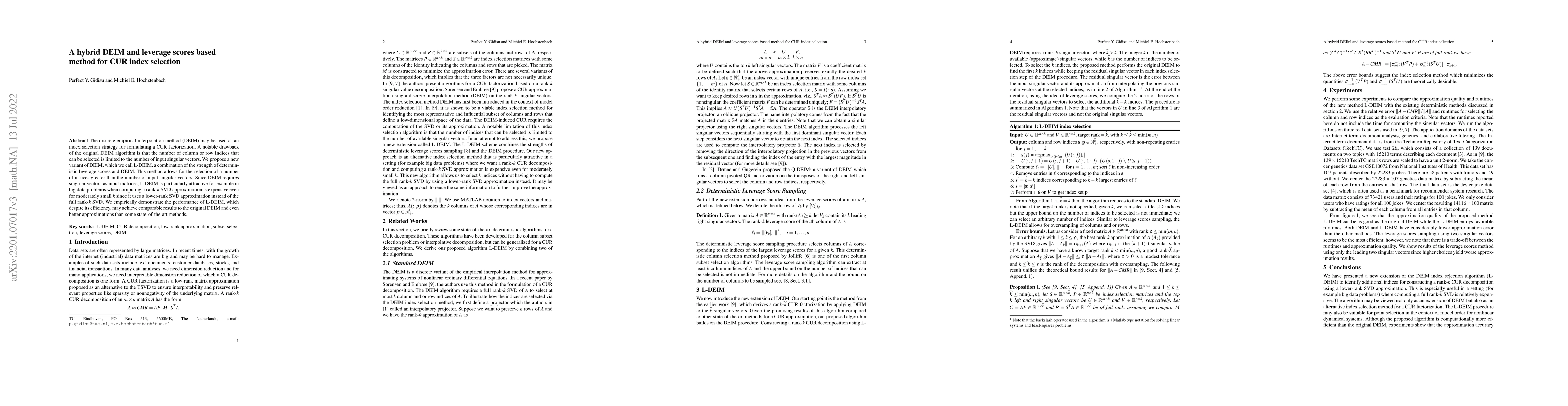 Thumbnail for A hybrid DEIM and leverage scores based method for CUR index selection