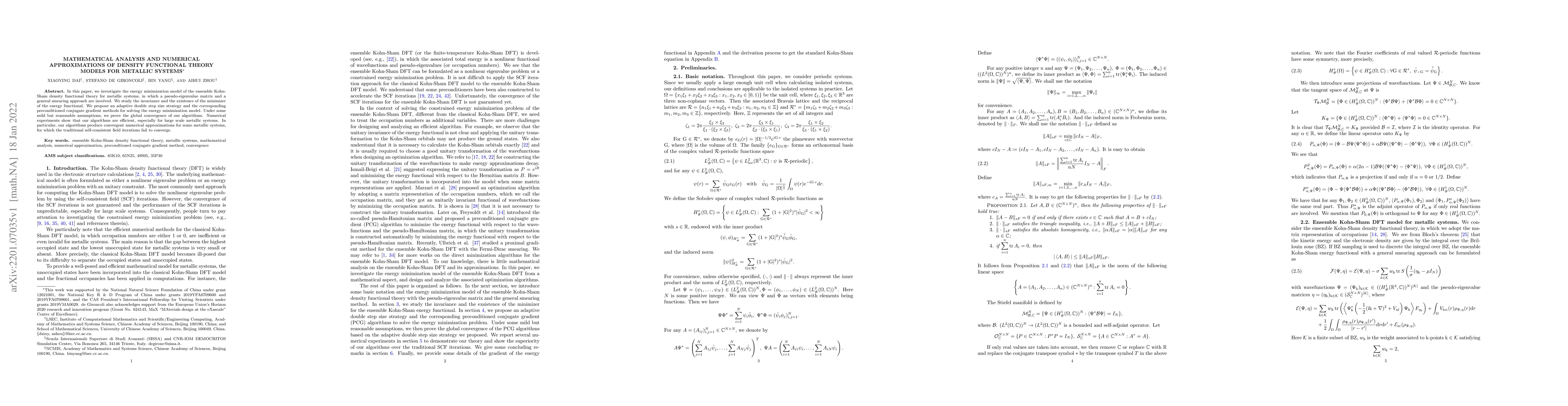 Thumbnail for Mathematical Analysis and Numerical Approximations of Density Functional
  Theory Models for Metallic Systems