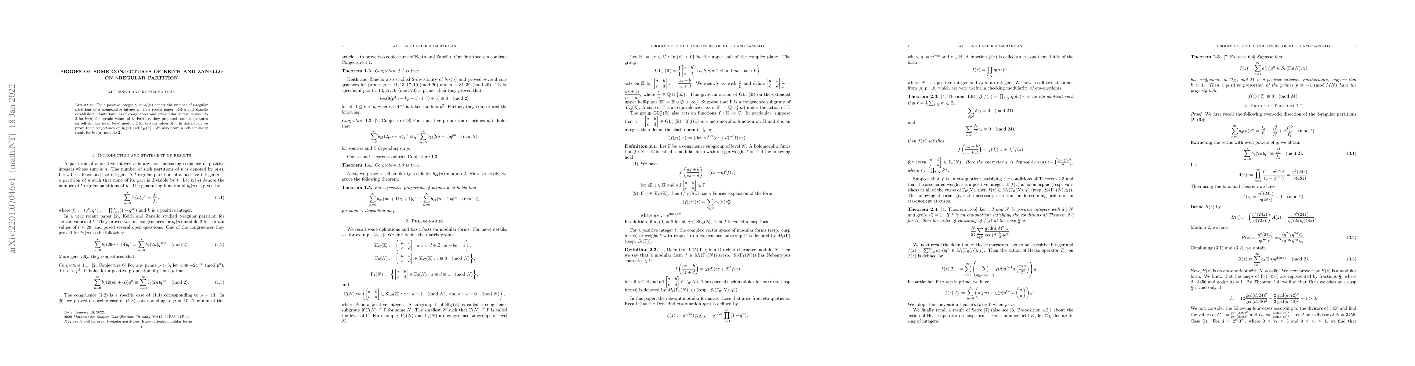 Thumbnail for Proofs of some conjectures of Keith and Zanello on $t$-regular partition