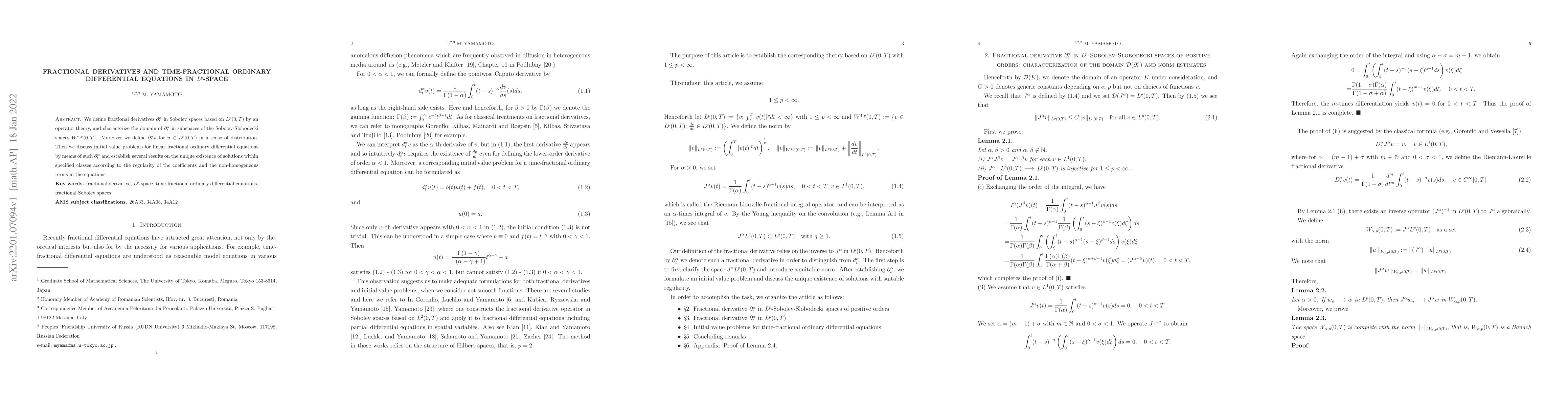 Thumbnail for Fractional derivatives and time-fractional ordinary differential
  equations in $L^p$-space