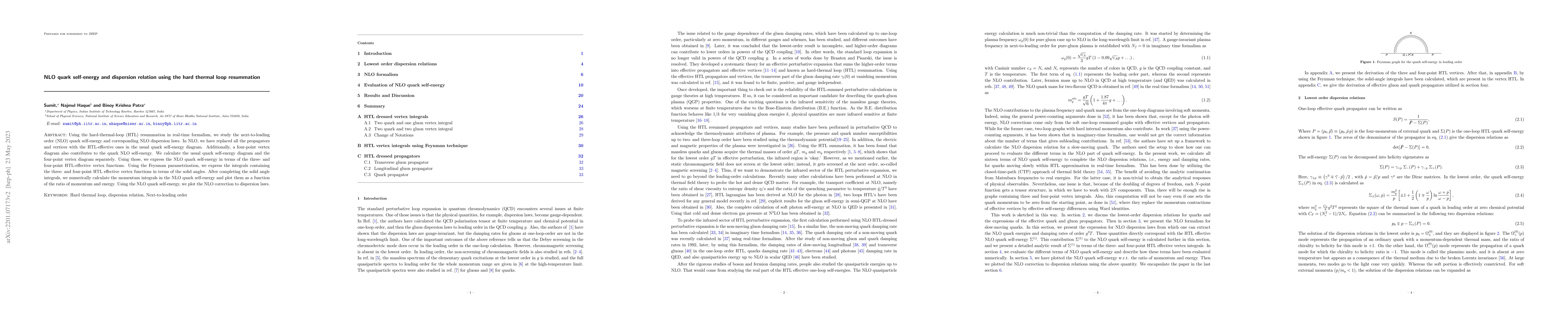 Thumbnail for NLO quark self-energy and dispersion relation using the hard thermal
  loop resummation